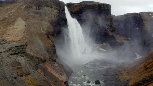 Aerial of Majestic Haifoss Waterfall. Spectacular Scenery of Iceland