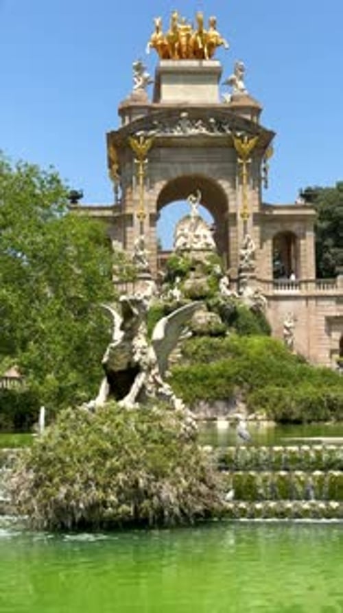 Beautiful Monumental Waterfall Fountain in Barcelona on a Sunny Day