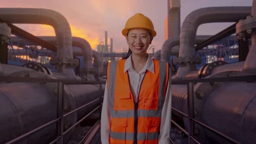 Asian Female Engineer Smiling To Camera, Industrial Pipeline