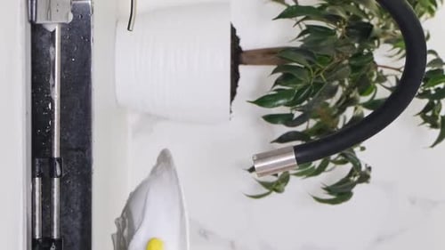 Female Hands Wash a Plate with a Sponge with a Few Drops of Dishwashing Gel Vertical Video