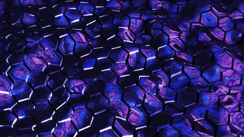 Abstract background with reflective mirror surfaces of hexagons that move. purple mosaic wavy