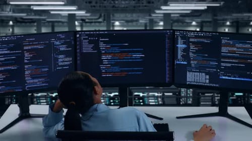 Back View Of Bored Asian Woman Developer Write Code In Data Center