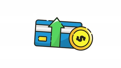 Money icon animation depicting a credit card with an arrow pointing up and a gold coin with a dollar