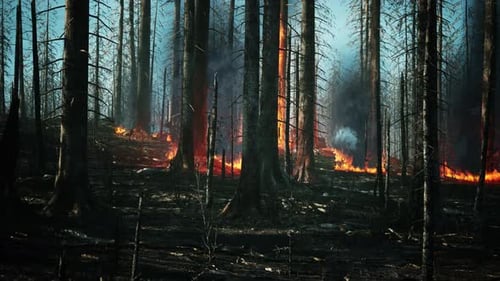 Forest Fire with Fallen Tree is Burned to the Ground