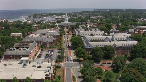 Aerial approach to Maryland state house dome in historic annapolis Maryland