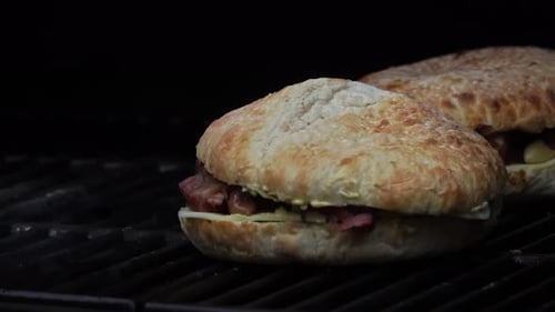 Delicious Sandwiches with Meat and Cheese on Grill