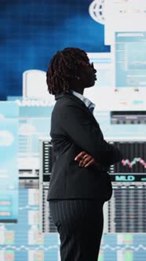 Vertical Video Business Manager Looking at Graphs on Digital Screens Doing Thinking