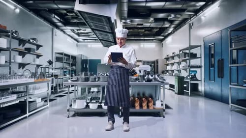 Full Body Of Asian Man Chef Using A Tablet In Kitchen