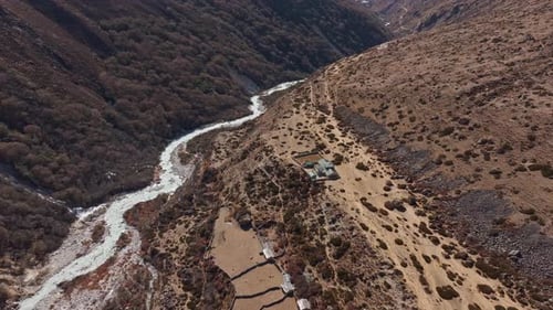 Serpentine River Cutting Through Lush Valley Framing Remote Nepalese Settlement in Shomare to
