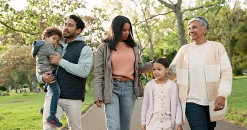 Nature, walk and big family in an outdoor park for fresh air, bonding or talking together