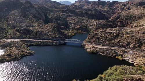 Aerial view of canyon lake and mountains, United States.