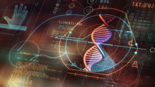 Digital DNA Helix with Futuristic Science Data Display