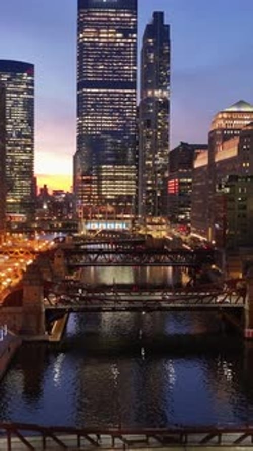 Sunset skyline in Chicago Skyline At Chicago In Illinois United States.