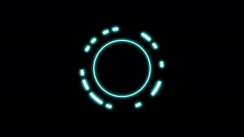 Destaca los trazos y anillos de neón cian del elemento HUD con un renderizado 3D en bucle continuo. Carga de pantalla