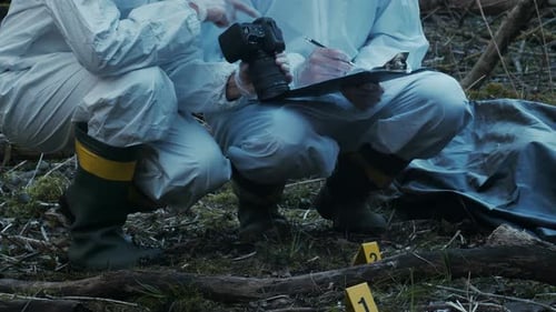 Forensic Specialist Working in the Forest Police Criminalists Collecting Evidence and Making