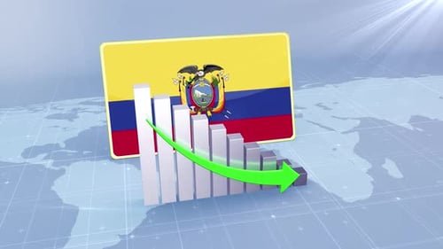 Ecuador Flag With Decrease Bar Chart Graph And Arrow Green