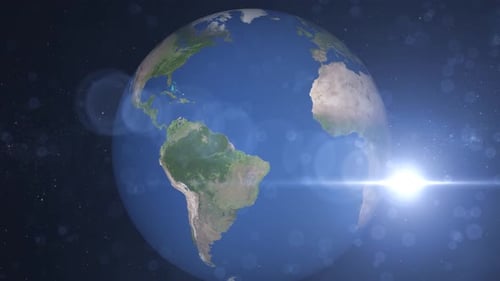 Rotating Earth Globe with Sun Lens Flare from Space