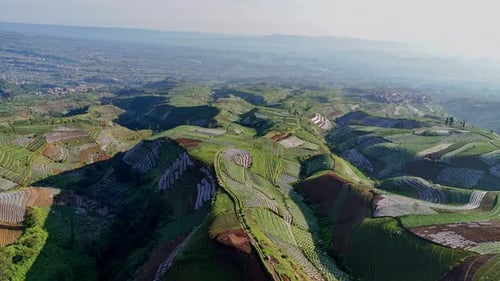 Aerial view of agricultural land on a hilly plain.