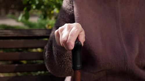Senior Adult Hand Resting on Wooden Walking Stick
