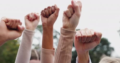 Power, solidarity and hands of people in park together for team building