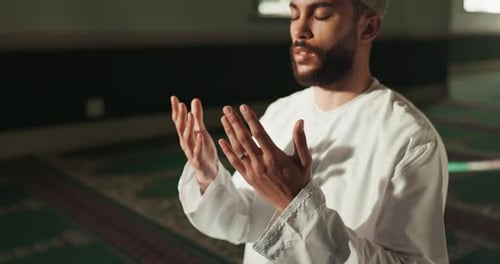 Muslim pray, hands and man at mosque with peace, hope and understanding