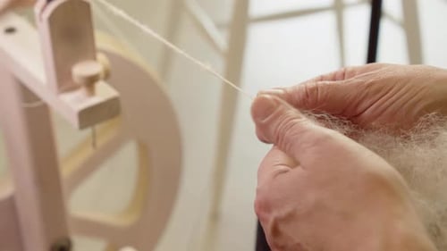 Close up hands pull natural wool fiber as it feeds into spinning wheel
