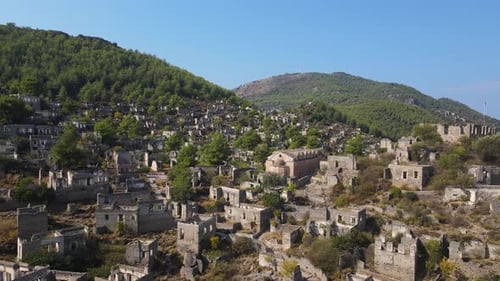 Aerial a Small Abandoned Village with a Church in the Middle