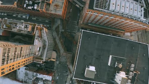 Aerial shot of the streets of Manhattan in New York at sunset