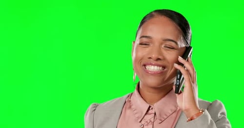 Woman, talking green screen and phone call, online networking and business communication isolated