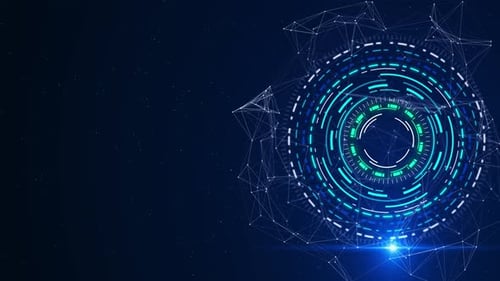 Futuristic HUD Video Frame Code Moving in a Cyberspace Digital Data Matrix Technology Plexus Lines