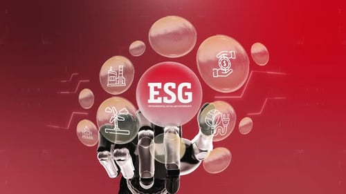 Futuristic Robotic Hand Reveals ESG Environmental Social Governance Icons