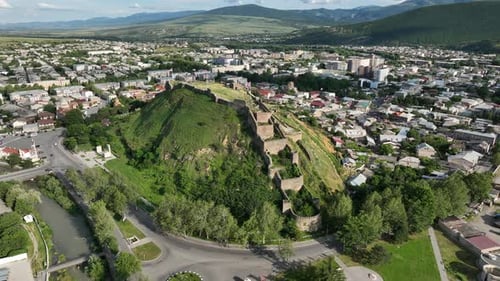 GORI, GEORGIA - June 20 2023: Aerial view of Gori Fortress. Ruins of the medieval fortress of Gori