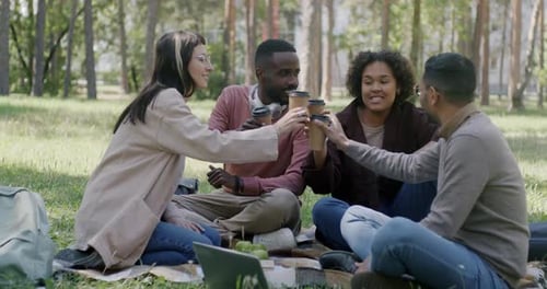 Diverse Group of Students Clinking Coffee Cups Drinking and Talking Sitting on Lawn in Park Having