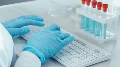 Scientist Typing Data at Bright Lab Workplace