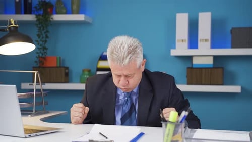 Frustrated Business Man at Desk Talking in Office