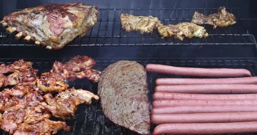 Different Types of Meat Beef Grilled Pork Chicken Sausages in a Barbecue Grill Cooking