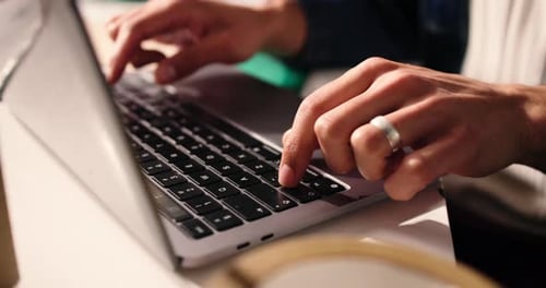 Typing, online and hands of person on laptop for planning, research and project schedule
