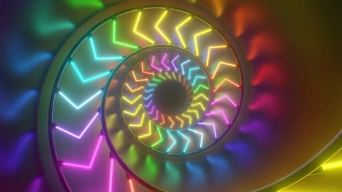 Rainbow Spiral Neon Glowing Arrow Helix 3D Tunnel Reflective Lights - 4K