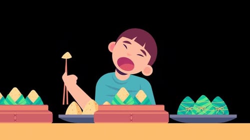 China Boy Sitting And Eating Meal Alpha Channel