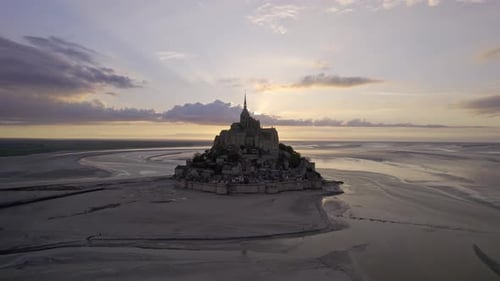 Aerial view of mont saint michel at low tide, France.