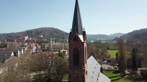 Aerial footage of an old church with gothic architecture in Germany, 4k