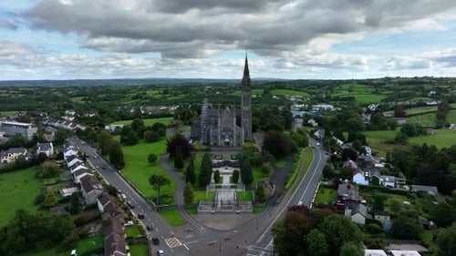 St. Cathedral, County Monaghan, Ireland, September 2022. Drone pulls backwards from Roman Catholic a