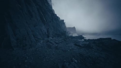 Coastal Evening Solitude Quiet Rocky Shore Under Fading Twilight and Mist