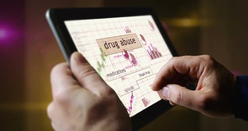 Drug abuse and addiction charts graphs on touchscreen pad display