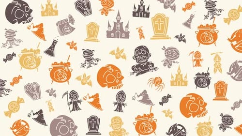 Animated Halloween Icons Seamless Pattern in Flat Design Style