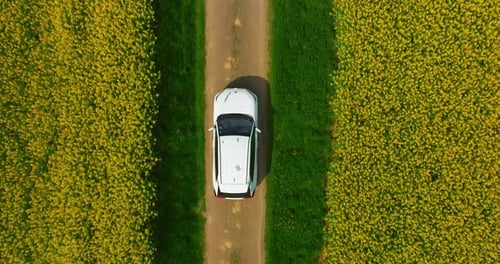 Aerial View Electric Car Driving on Country Road Luxury Modern Vehicle Riding Fast Along Trees and