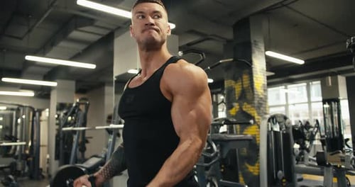 Closeup View of Sporty Man Performing Barbell Curls to Gain Lean Biceps Portrait of Caucasian