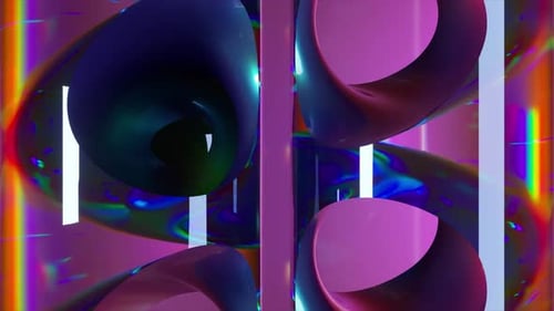 Abstract Animation Shows a Reflective Sphere Moving Through an Iridescent Purple and Blue Structure