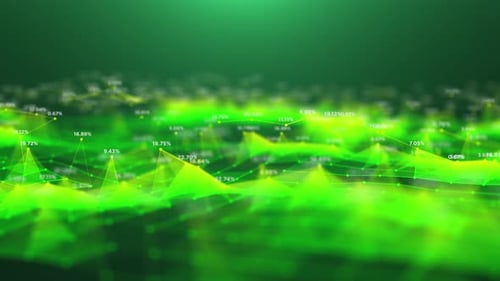 Paysage polygonal vert avec des points de données superposés, symbolisant la cartographie numérique du terrain et les finances