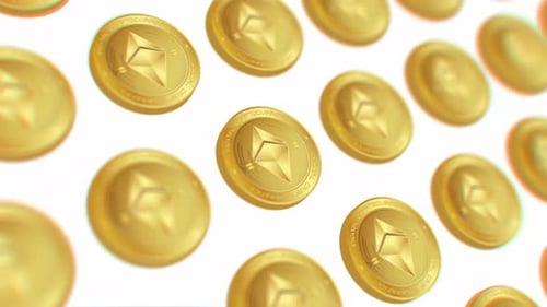 macro view rising over gold litecoins cryptocurrency coins on white background, 4k blockchain altcoi